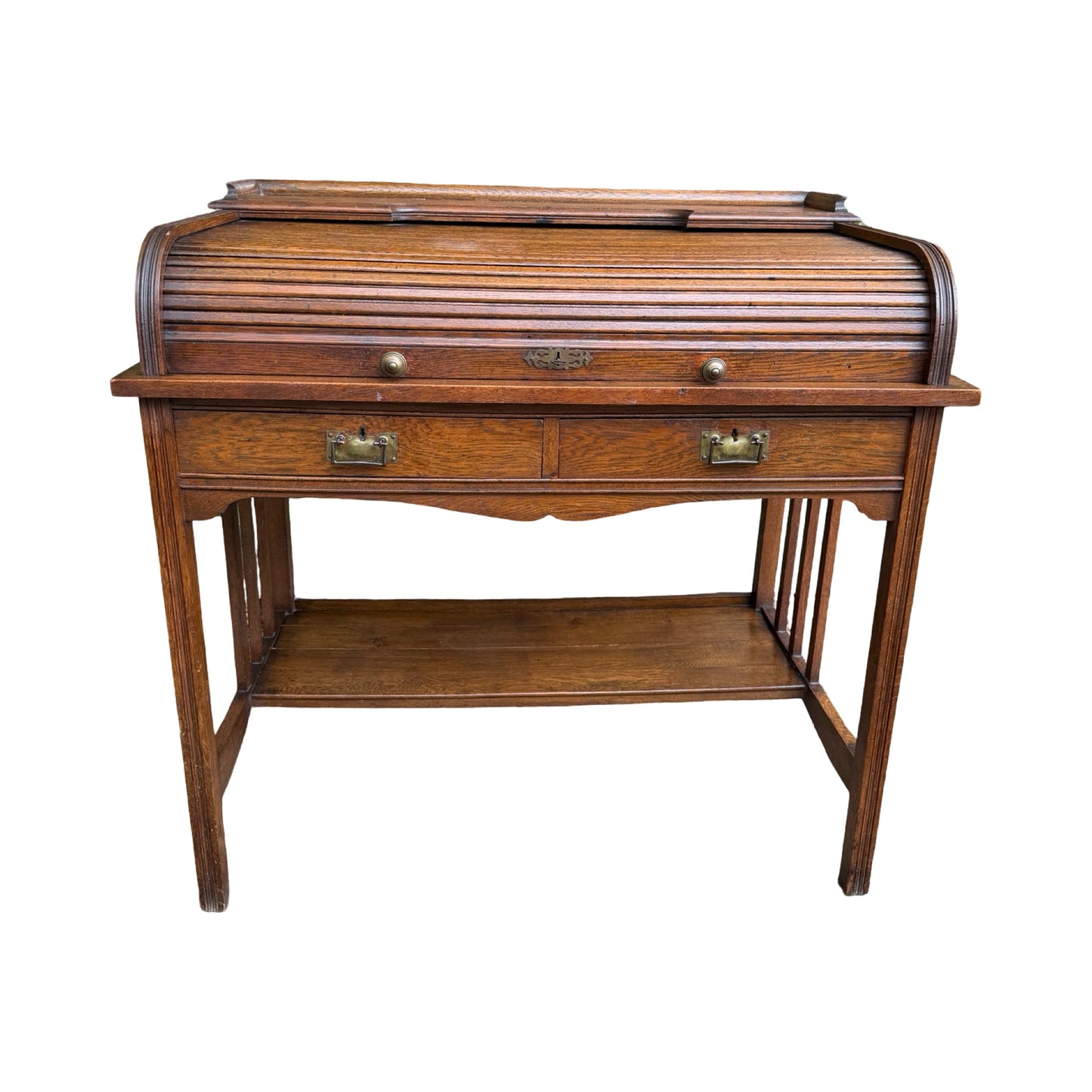 Antique Edwardian Oak Roll Top Desk - Small Tambour Front Writing Bureau 100cm