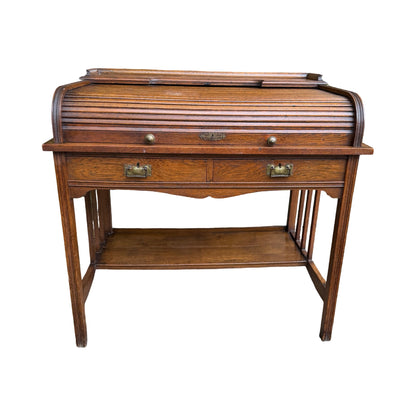 Antique Edwardian Oak Roll Top Desk - Small Tambour Front Writing Bureau 100cm