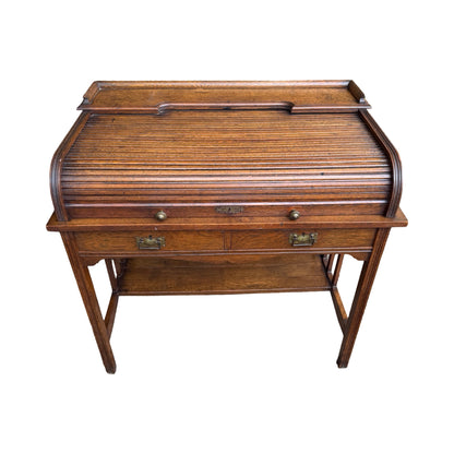 Antique Edwardian Oak Roll Top Desk - Small Tambour Front Writing Bureau 100cm