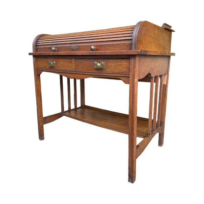 Antique Edwardian Oak Roll Top Desk - Small Tambour Front Writing Bureau 100cm