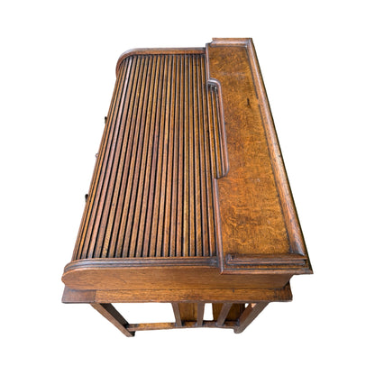 Antique Edwardian Oak Roll Top Desk - Small Tambour Front Writing Bureau 100cm