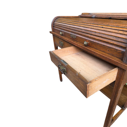 Antique Edwardian Oak Roll Top Desk - Small Tambour Front Writing Bureau 100cm