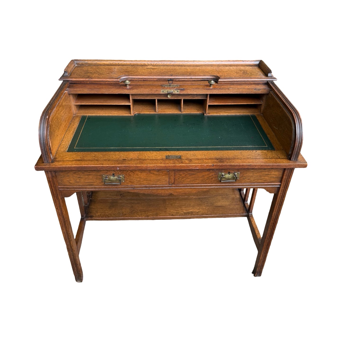 Antique Edwardian Oak Roll Top Desk - Small Tambour Front Writing Bureau 100cm
