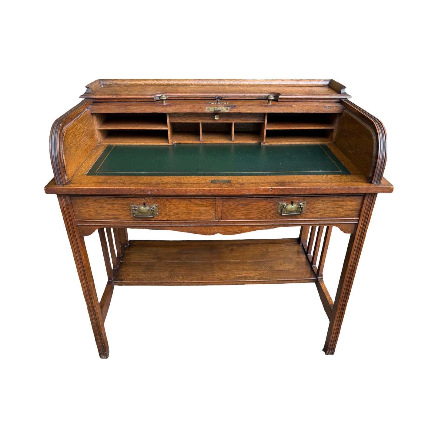 Antique Edwardian Oak Roll Top Desk - Small Tambour Front Writing Bureau 100cm