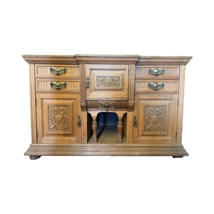 Antique Victorian Carved Oak Sideboard - Large 156cm Buffet Dresser Storage Unit