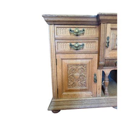 Antique Victorian Carved Oak Sideboard - Large 156cm Buffet Dresser Storage Unit