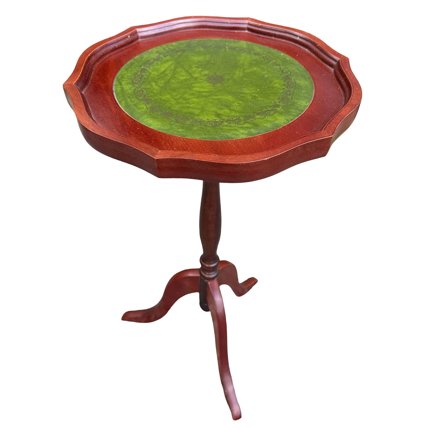 Contemporary Wine Table - Green Leather Inlay Pie Crust Edge Side Table - 61cm