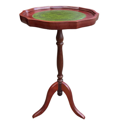 Contemporary Wine Table - Green Leather Inlay Pie Crust Edge Side Table - 61cm