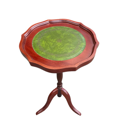 Contemporary Wine Table - Green Leather Inlay Pie Crust Edge Side Table - 61cm
