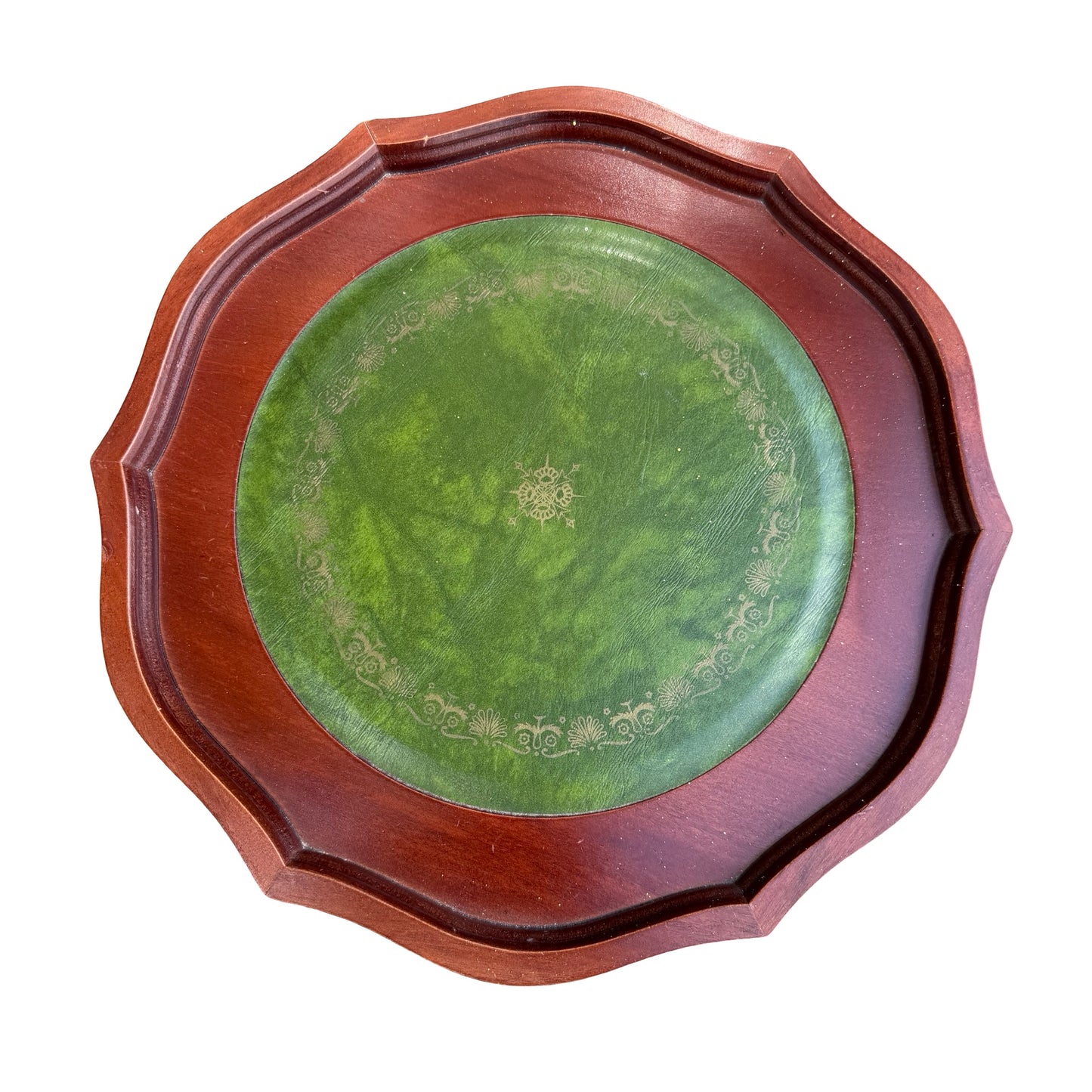 Contemporary Wine Table - Green Leather Inlay Pie Crust Edge Side Table - 61cm