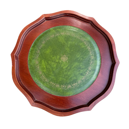 Contemporary Wine Table - Green Leather Inlay Pie Crust Edge Side Table - 61cm
