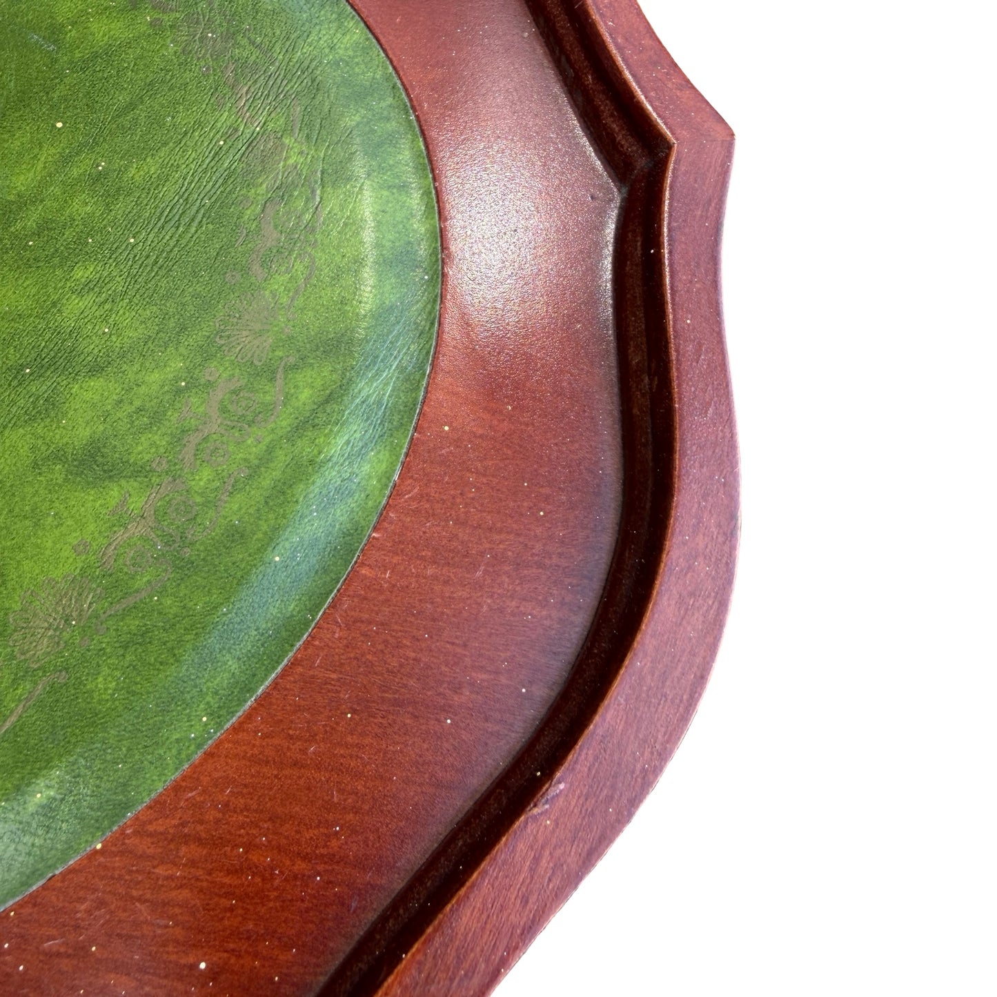 Contemporary Wine Table - Green Leather Inlay Pie Crust Edge Side Table - 61cm