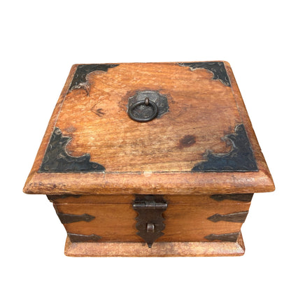 Vintage Indian Trinket Box - Rustic Iron Bound Jewellery Chest
