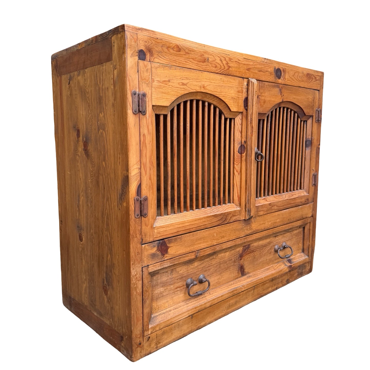 Mexican Pine Cabinet - Rustic Slatted Cupboard & Drawer - Large Storage Unit 98cm