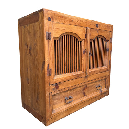 Mexican Pine Cabinet - Rustic Slatted Cupboard & Drawer - Large Storage Unit 98cm
