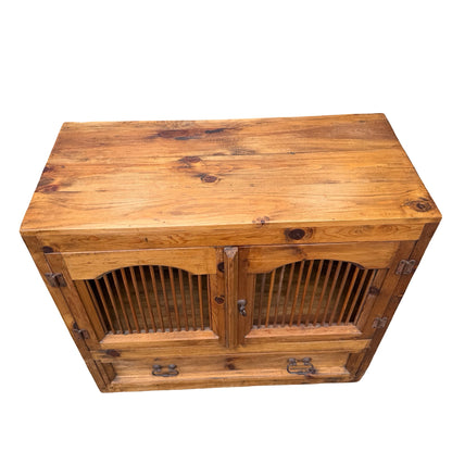 Mexican Pine Cabinet - Rustic Slatted Cupboard & Drawer - Large Storage Unit 98cm