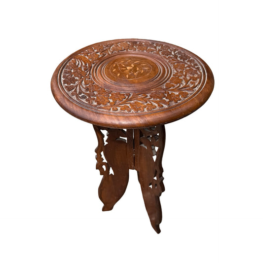 Vintage Indian Hand Carved Side Table - Floral Inlay Folding Wine Table 46cm