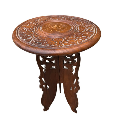 Vintage Indian Hand Carved Side Table - Floral Inlay Folding Wine Table 46cm