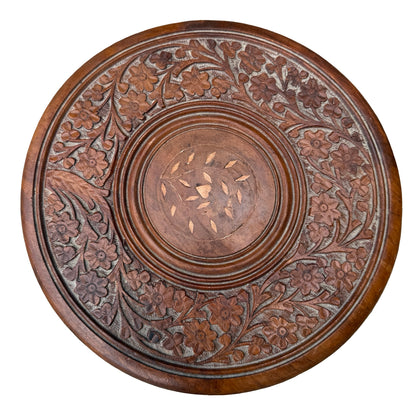 Vintage Indian Hand Carved Side Table - Floral Inlay Folding Wine Table 46cm