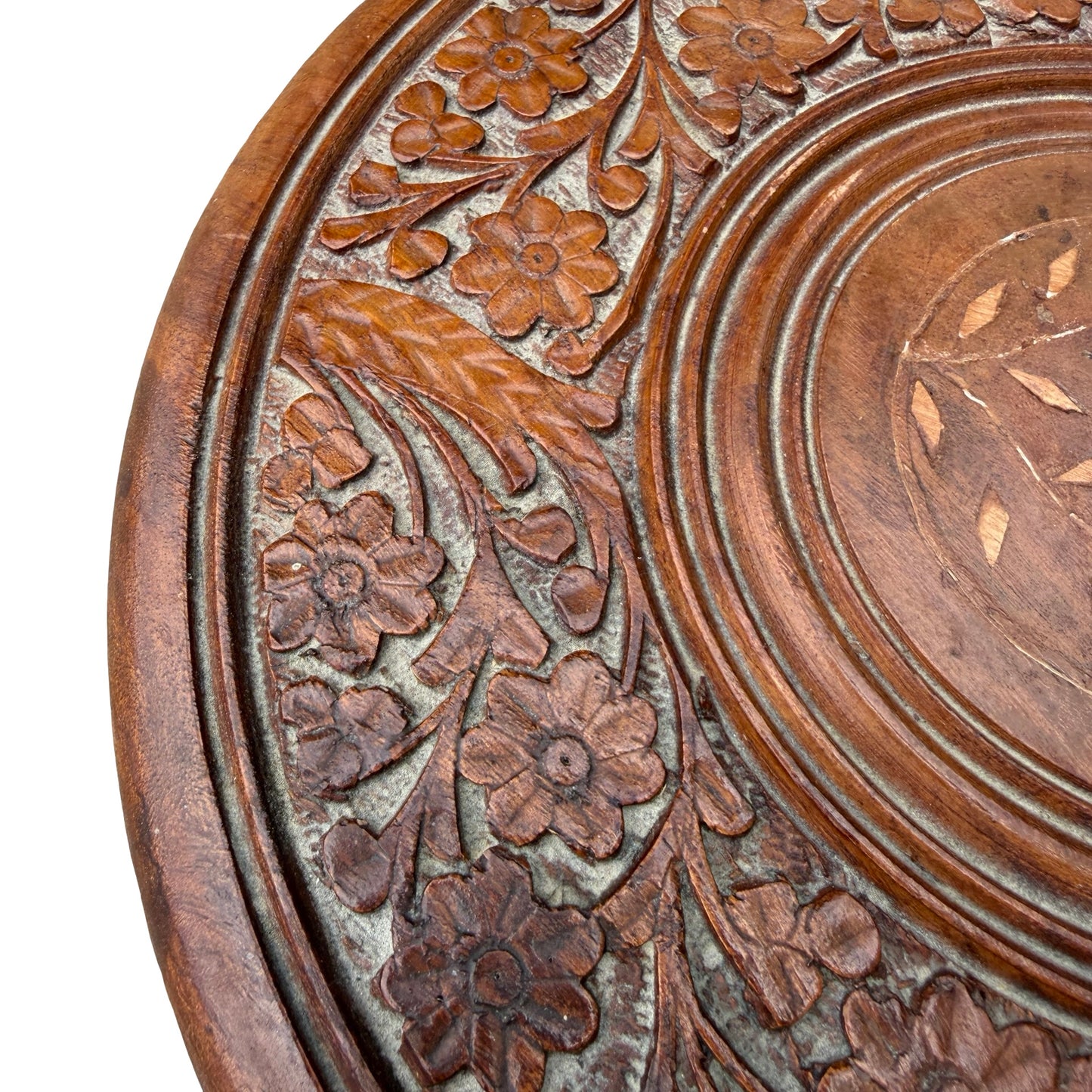 Vintage Indian Hand Carved Side Table - Floral Inlay Folding Wine Table 46cm
