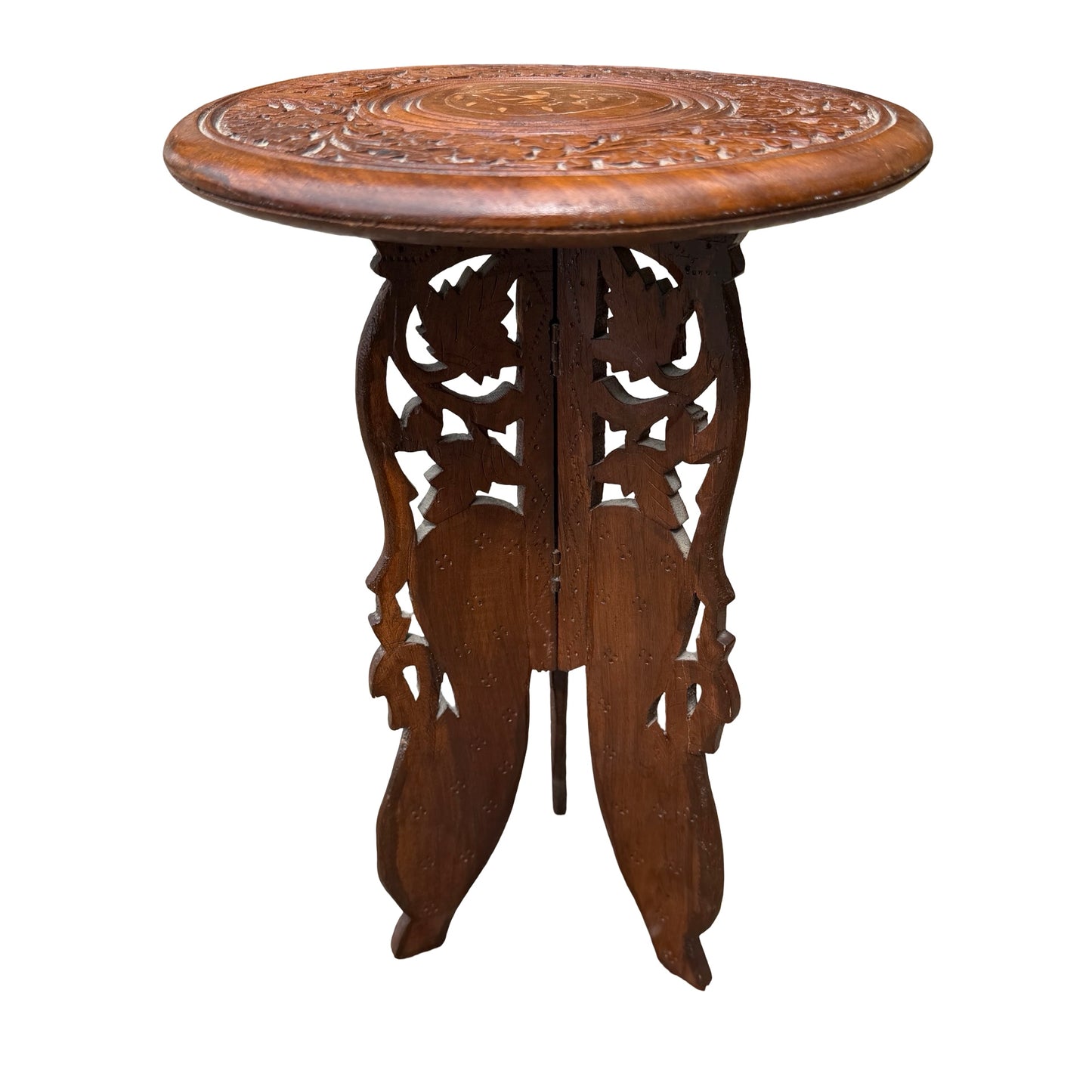 Vintage Indian Hand Carved Side Table - Floral Inlay Folding Wine Table 46cm