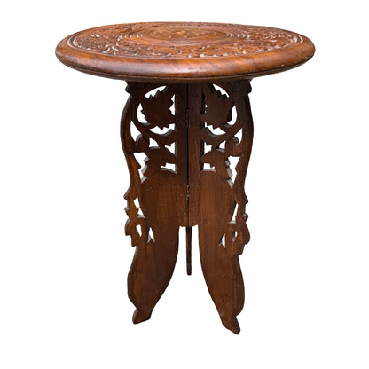 Vintage Indian Hand Carved Side Table - Floral Inlay Folding Wine Table 46cm