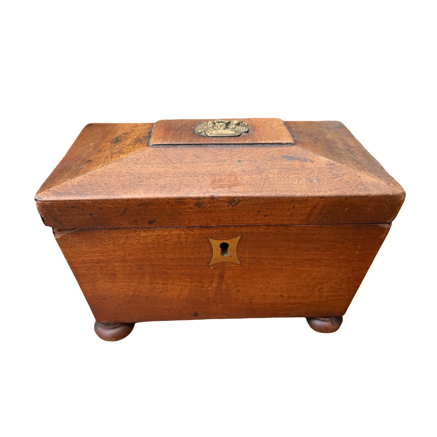 Antique Georgian Mahogany Tea Caddy - Sarcophagus Jewelry Box Fruit Mount 19cm