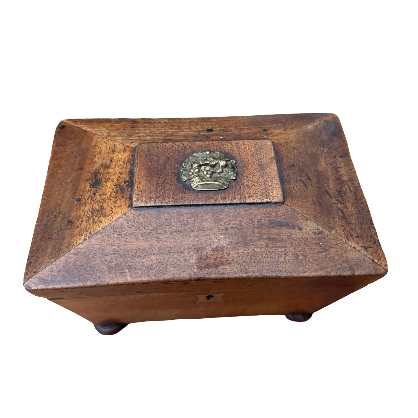 Antique Georgian Mahogany Tea Caddy - Sarcophagus Jewelry Box Fruit Mount 19cm