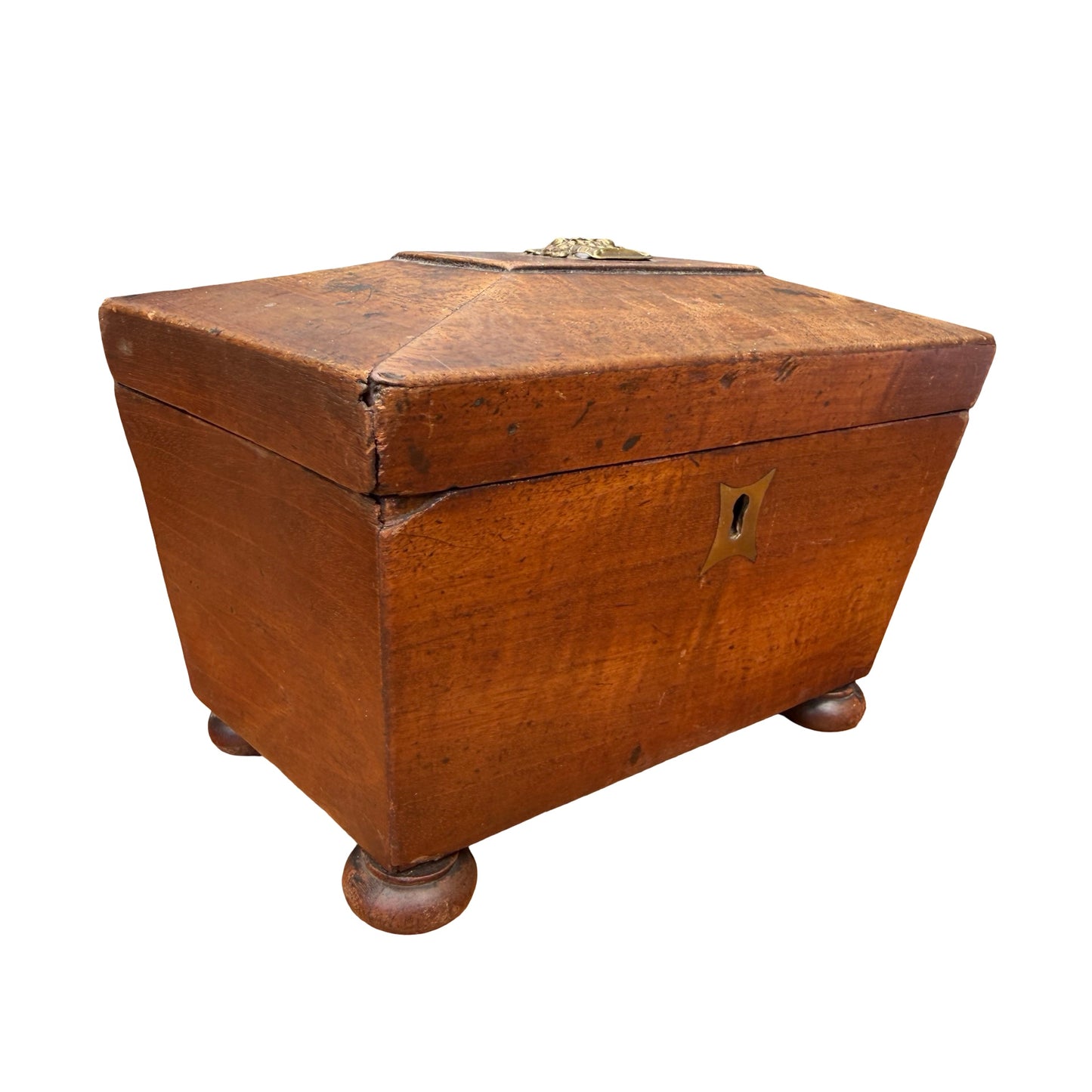 Antique Georgian Mahogany Tea Caddy - Sarcophagus Jewelry Box Fruit Mount 19cm