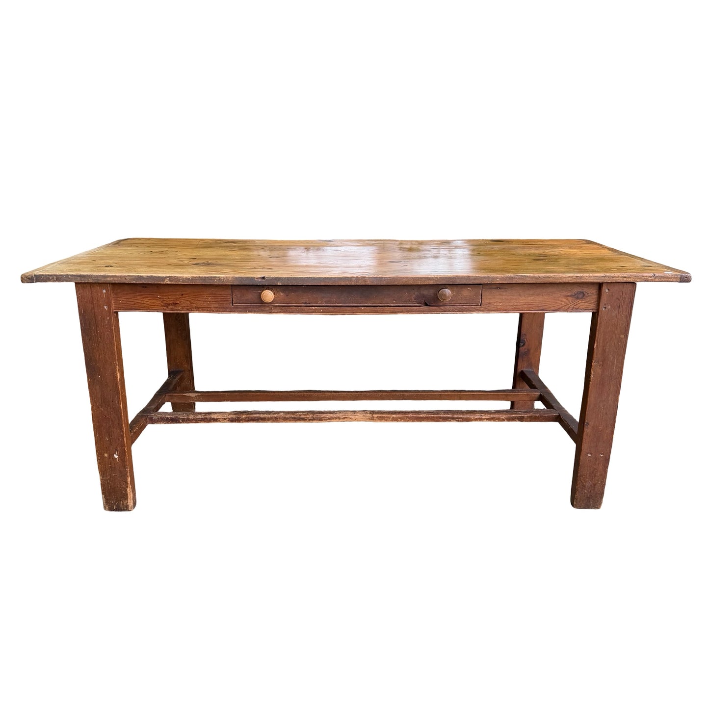 Large Rustic Pine Farmhouse Dining Table - 2 Drawer H-Stretcher Kitchen Table