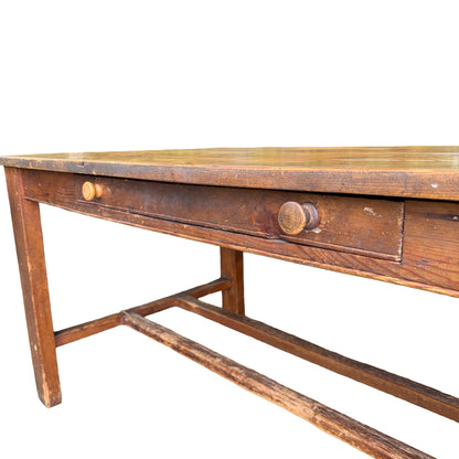 Large Rustic Pine Farmhouse Dining Table - 2 Drawer H-Stretcher Kitchen Table