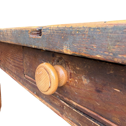 Large Rustic Pine Farmhouse Dining Table - 2 Drawer H-Stretcher Kitchen Table