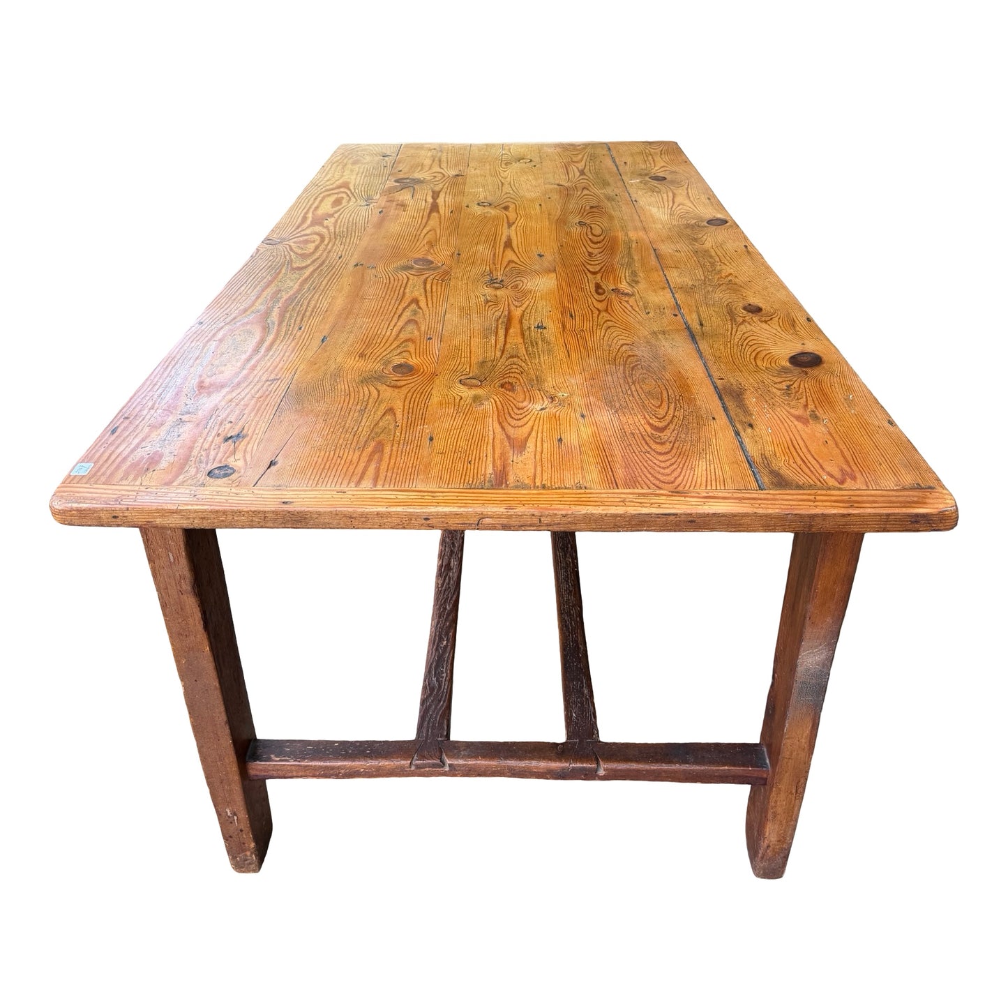 Large Rustic Pine Farmhouse Dining Table - 2 Drawer H-Stretcher Kitchen Table