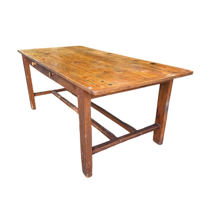Large Rustic Pine Farmhouse Dining Table - 2 Drawer H-Stretcher Kitchen Table