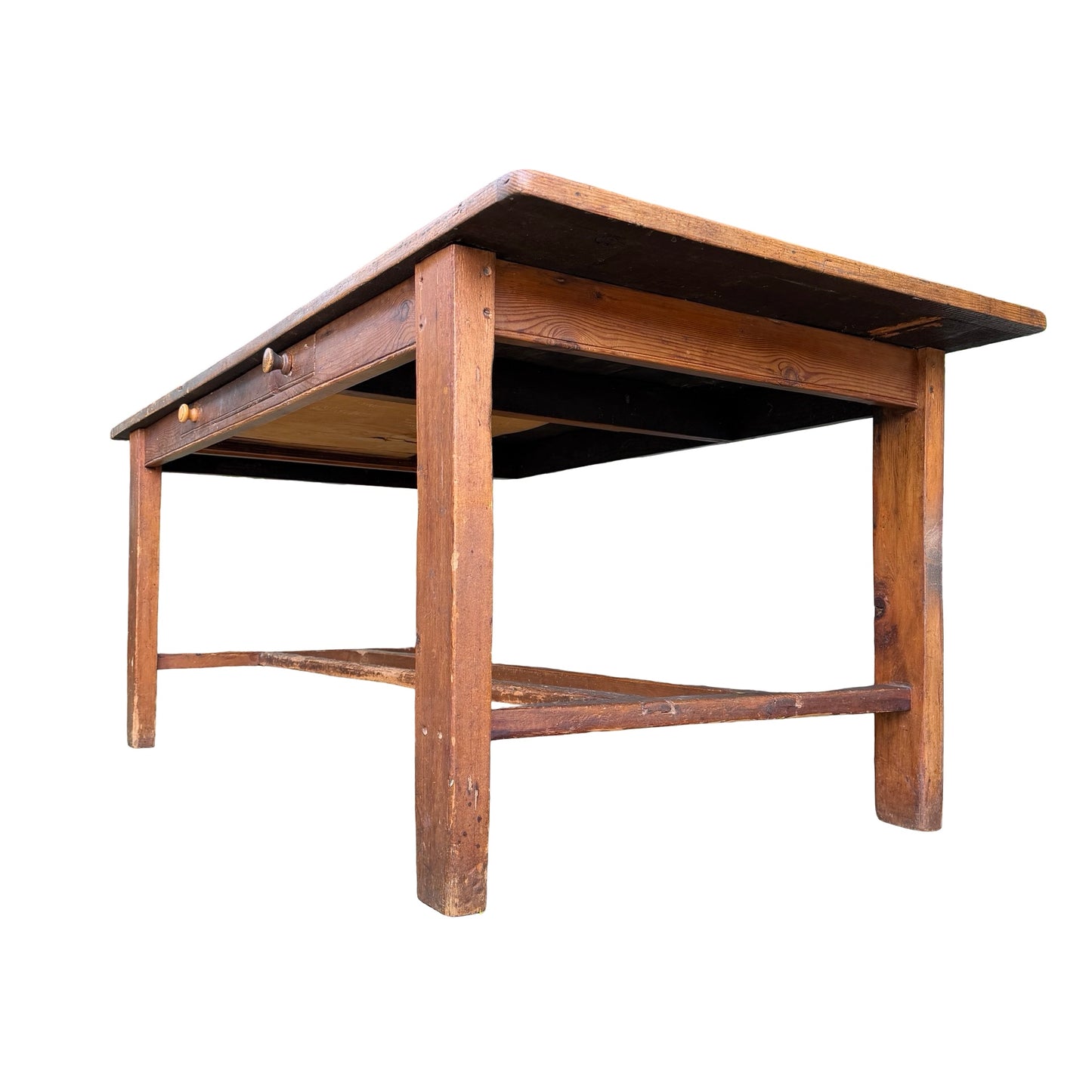 Large Rustic Pine Farmhouse Dining Table - 2 Drawer H-Stretcher Kitchen Table