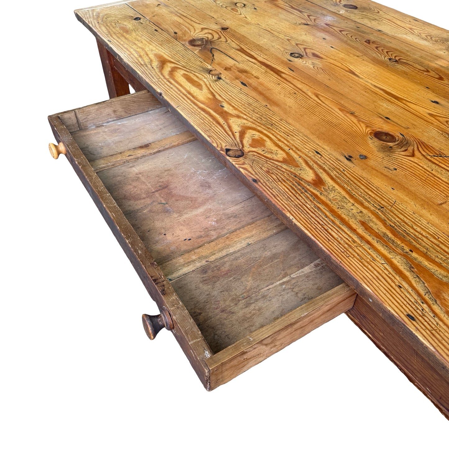 Large Rustic Pine Farmhouse Dining Table - 2 Drawer H-Stretcher Kitchen Table