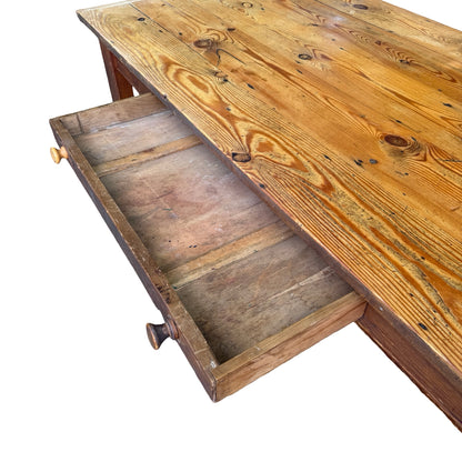 Large Rustic Pine Farmhouse Dining Table - 2 Drawer H-Stretcher Kitchen Table