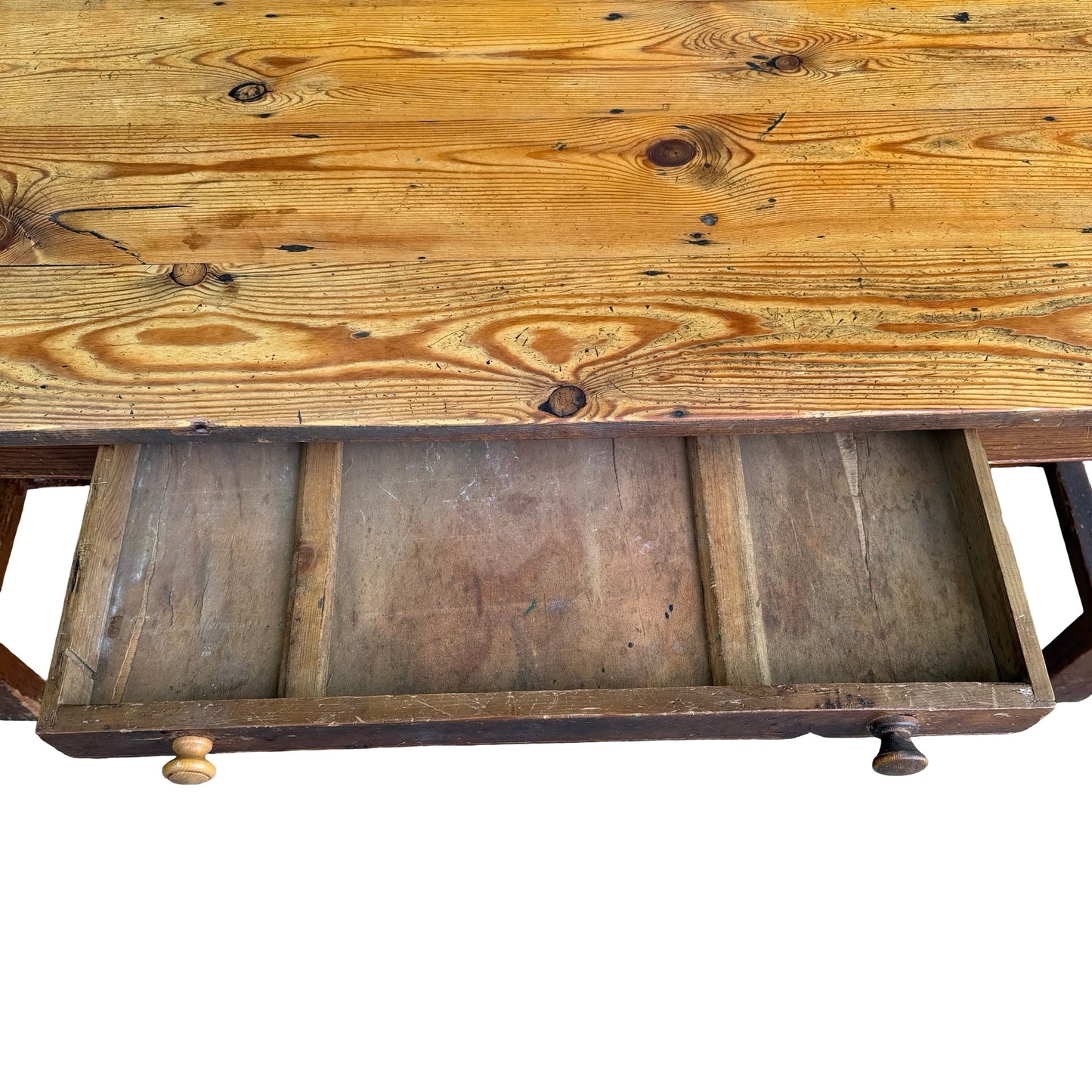 Large Rustic Pine Farmhouse Dining Table - 2 Drawer H-Stretcher Kitchen Table
