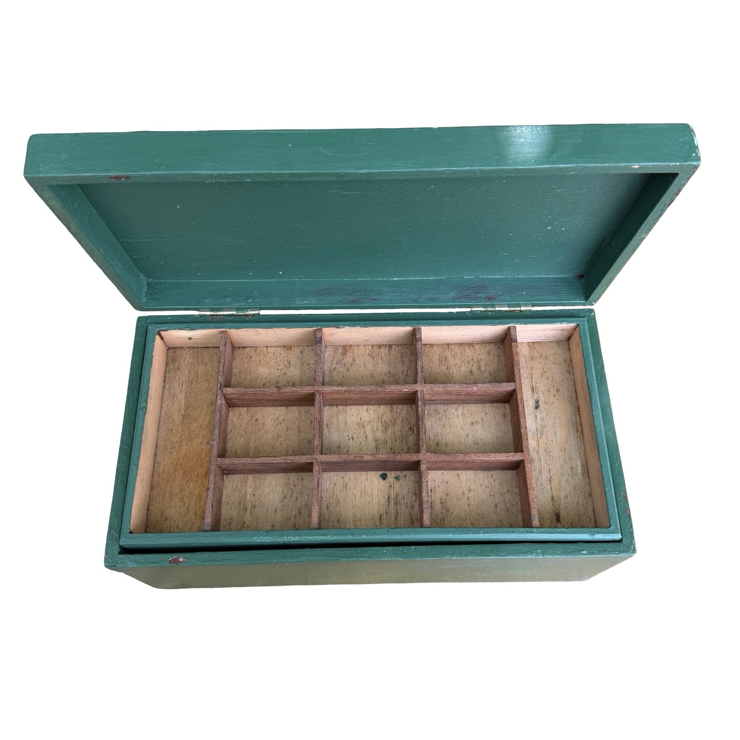 Vintage Green Painted Wooden Storage Chest - 11 Section Tool Box