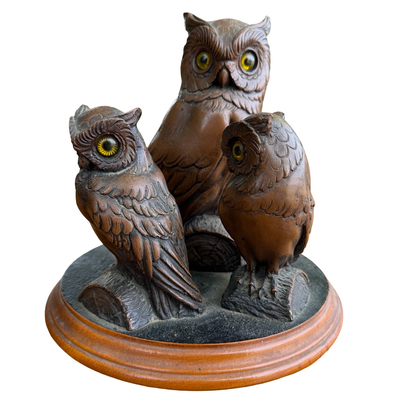 Vintage Resin Owl Trio Figurine - Wise Owl Ornament Wood Base 19cm