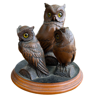 Vintage Resin Owl Trio Figurine - Wise Owl Ornament Wood Base 19cm
