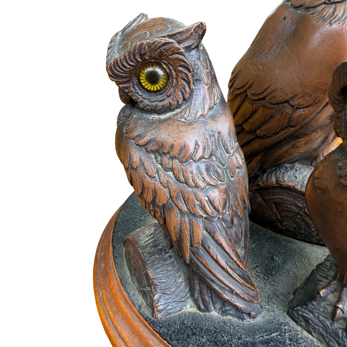 Vintage Resin Owl Trio Figurine - Wise Owl Ornament Wood Base 19cm