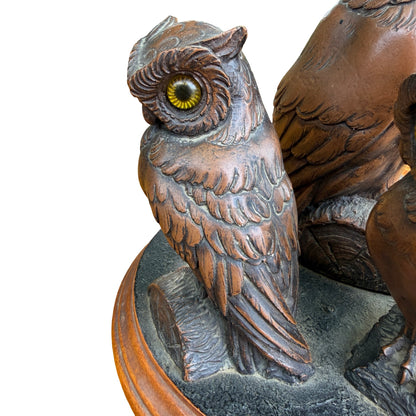 Vintage Resin Owl Trio Figurine - Wise Owl Ornament Wood Base 19cm