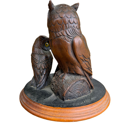 Vintage Resin Owl Trio Figurine - Wise Owl Ornament Wood Base 19cm