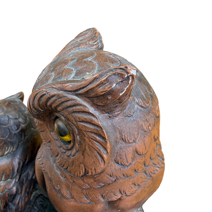 Vintage Resin Owl Trio Figurine - Wise Owl Ornament Wood Base 19cm