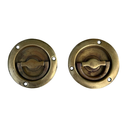Pair of Antique Brass Flush Round Stable Door Pulls - Recessed Handles 10cm
