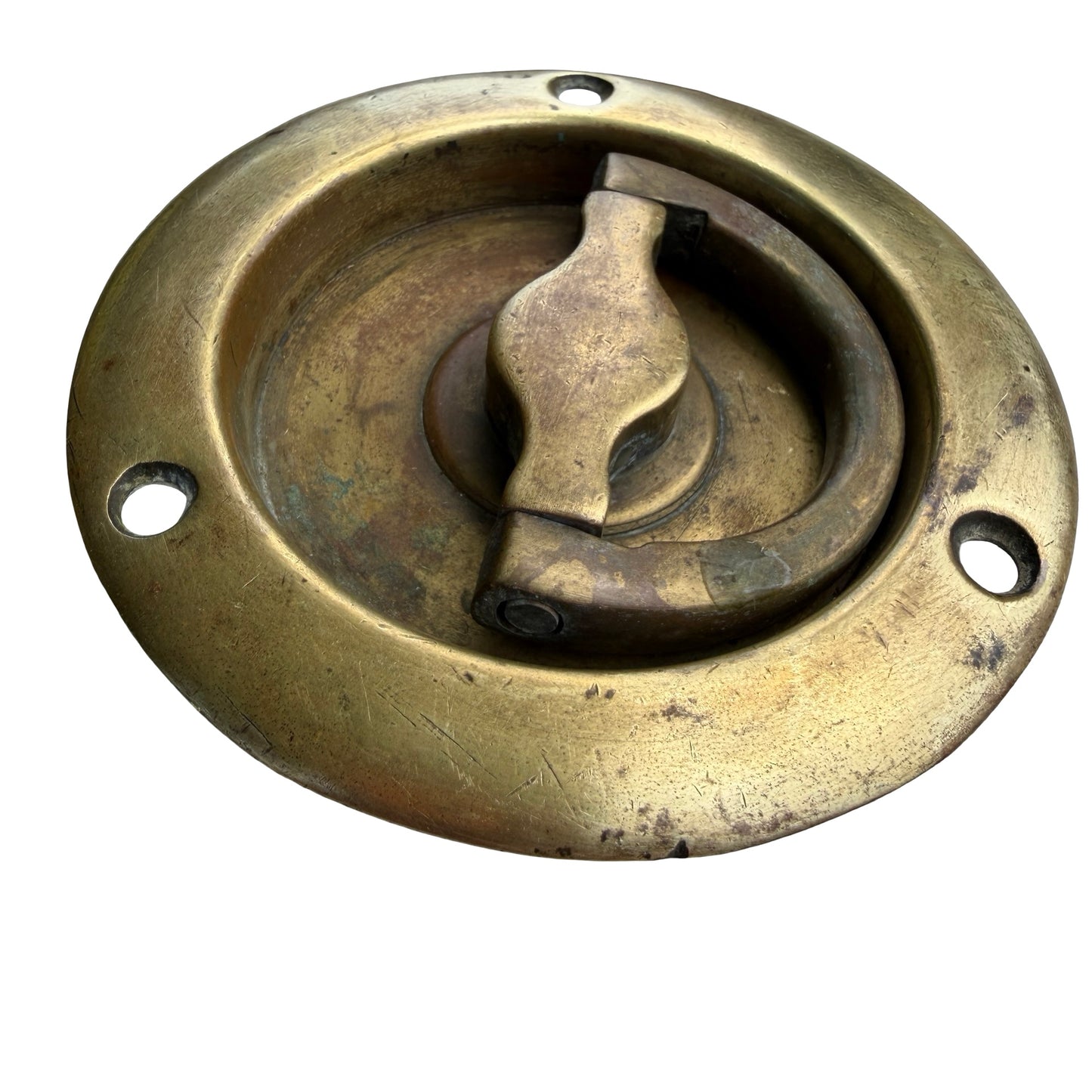 Pair of Antique Brass Flush Round Stable Door Pulls - Recessed Handles 10cm