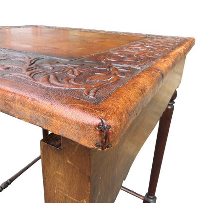 Vintage Mahogany Tooled Leather Side Table - Nest Master Table 60cm
