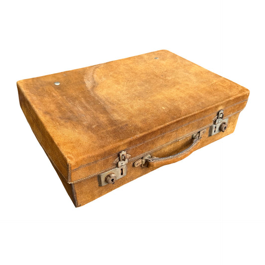 Vintage Tan Suede Suitcase - Retro Mid-Century Travel Case 42cm