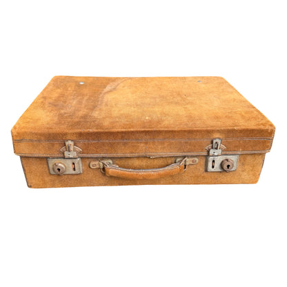 Vintage Tan Suede Suitcase - Retro Mid-Century Travel Case 42cm